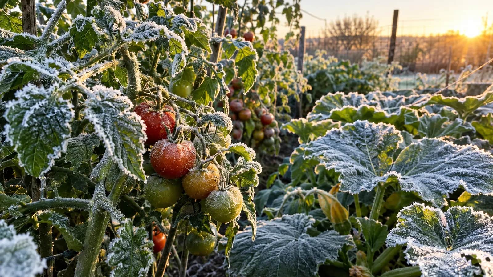 Frost coats tomato plants and squash leaves in a garden at dawn, with low sunlight catching the ice crystals.