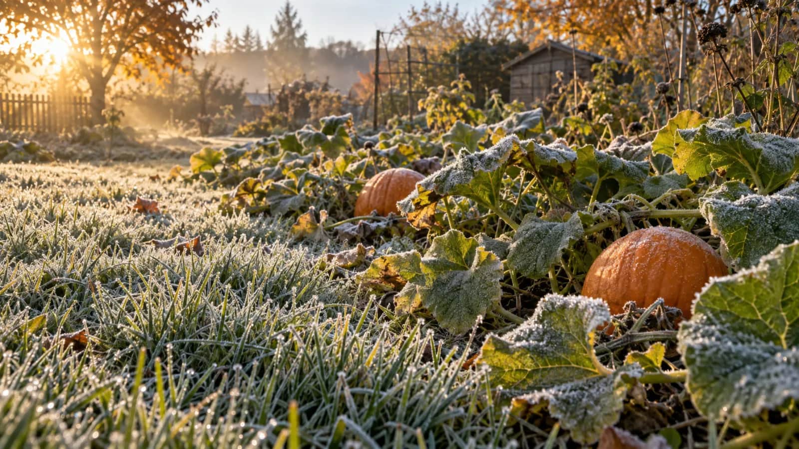 White frost coats grass blades and pumpkin leaves at sunrise, with low golden light raking across the garden