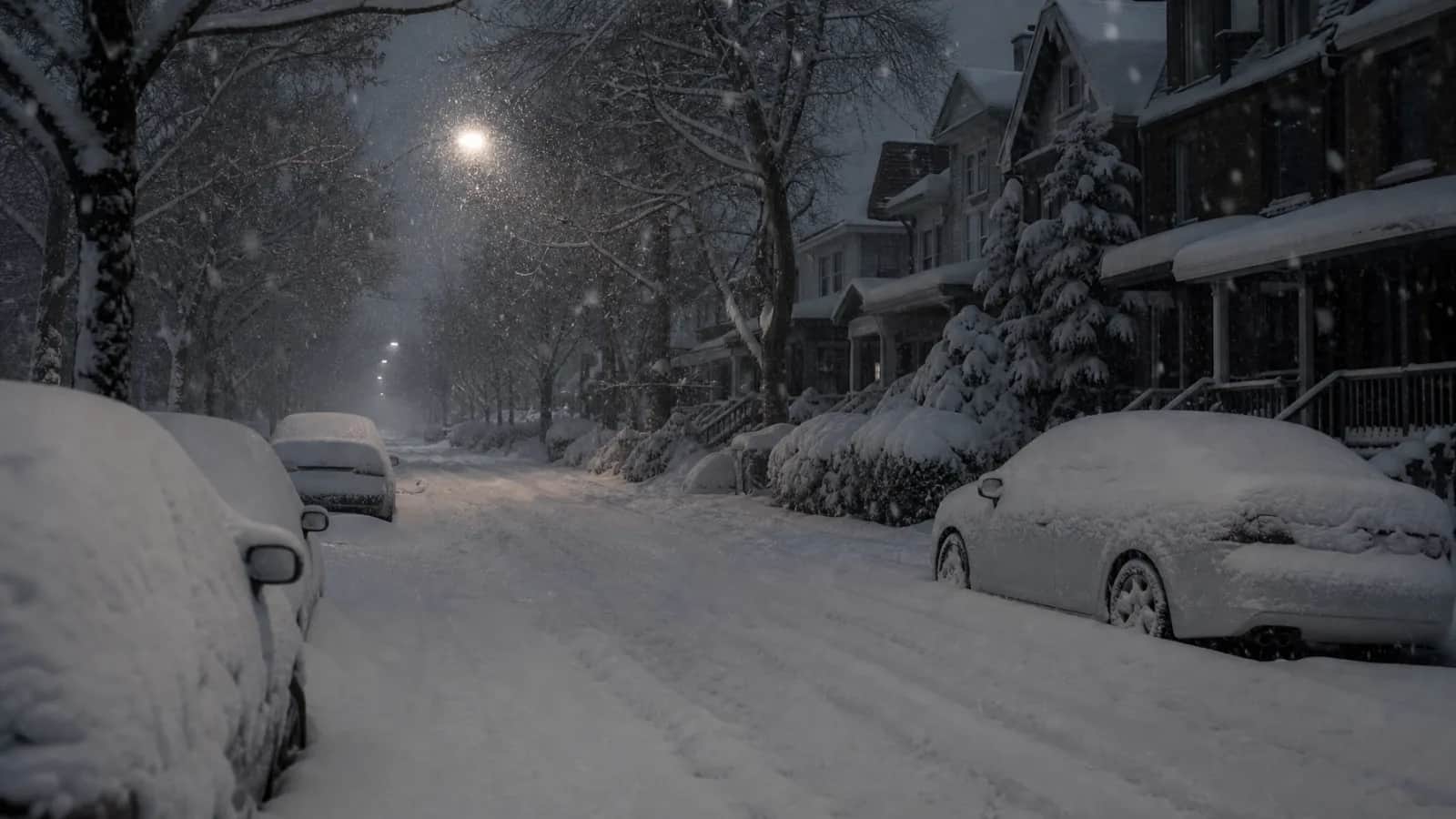 Night on a residential street, cars buried in snow, one streetlight glowing over the road