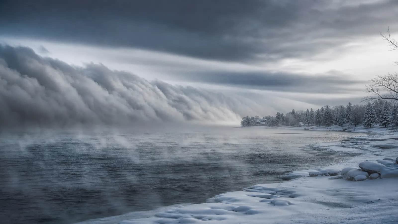 Snow cloud wall over lake steam, far shore and evergreens barely visible beyond snowy beach