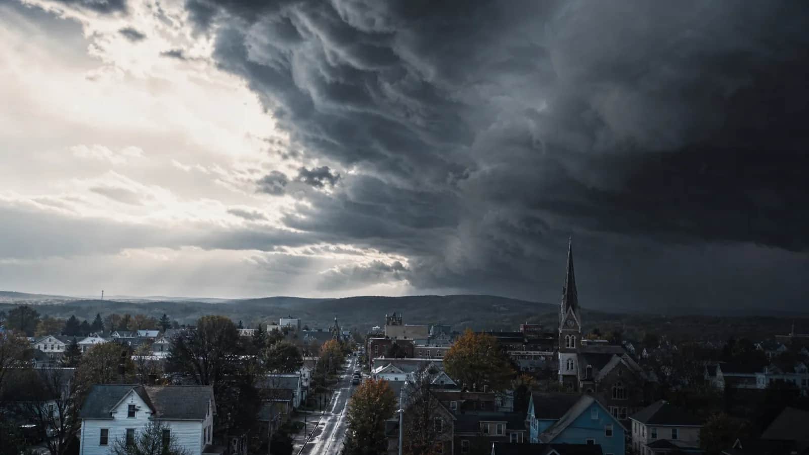 Small town with church steeple under a shelf cloud, wet street reflecting clouds, hills beyond