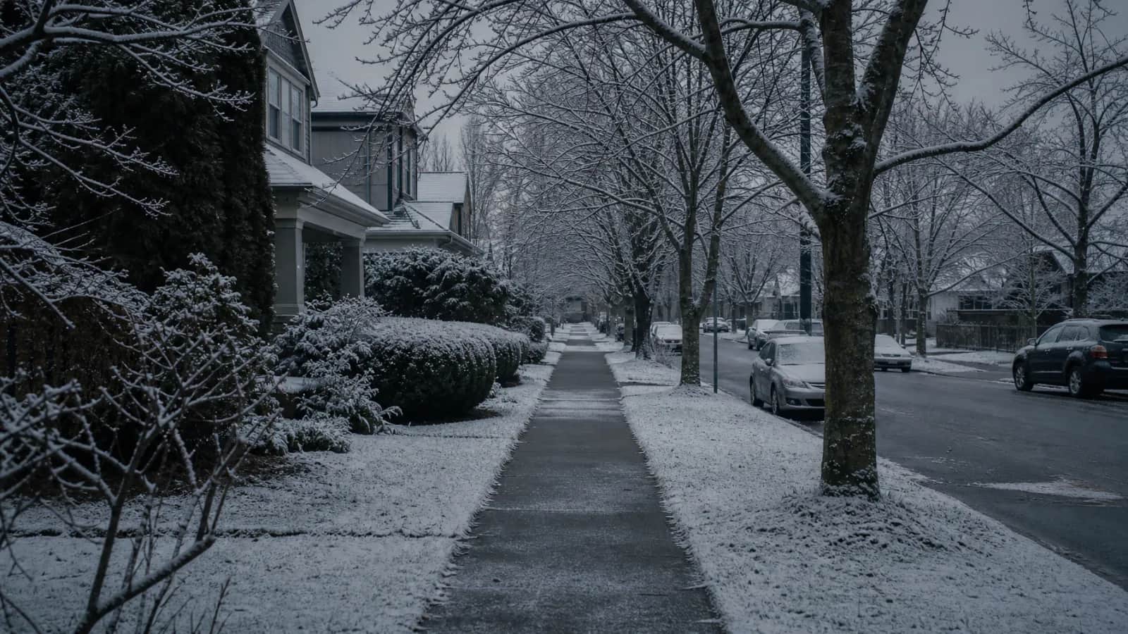 Sidewalk with a light dusting of snow, bare trees and parked cars under an overcast sky